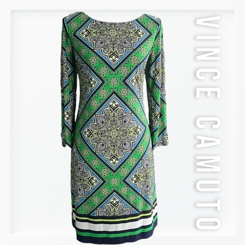 Vince Camuto long Sleeve Green Print Shift Dress sz 10
